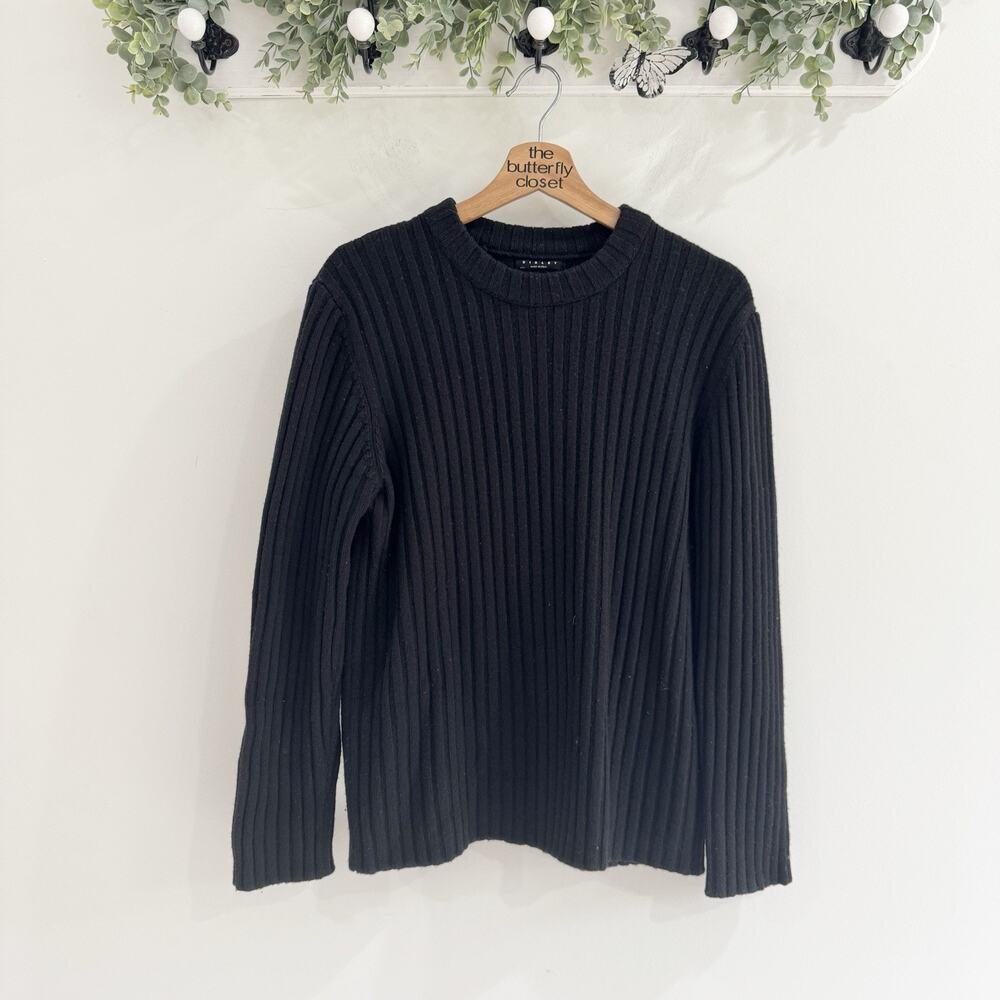 Sisley Made In Italy Mens Black Ribbed Designer Sweater #LS